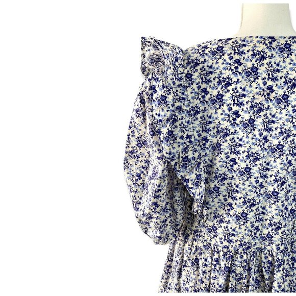 H&M Women’s Blue and White Floral Anglaise Puffed Sleeves Oversized Mini Dress M - Picture 5 of 11